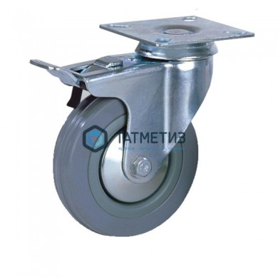 Колесо поворотное с площадкой и тормозом серая резина d 125 мм | «ТАТМЕТИЗ» Колесо поворотное с площадкой и тормозом серая резина d 125 мм - магазин крепежа «ТАТМЕТИЗ»